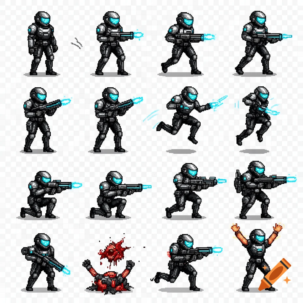 Pixel art sprite sheet of a futuristic resistance soldier in black and silver armor with a glowing cyan energy rifle, showing various combat and movement animations.