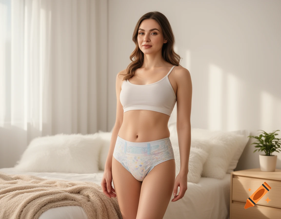 A young woman in a white bra and patterned adult diaper stands in a bright bedroom.