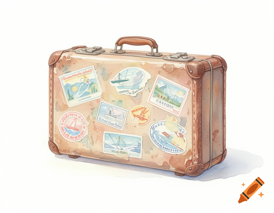 A vintage brown watercolor suitcase covered in colorful travel stickers, rendered in a soft, loose painterly style.