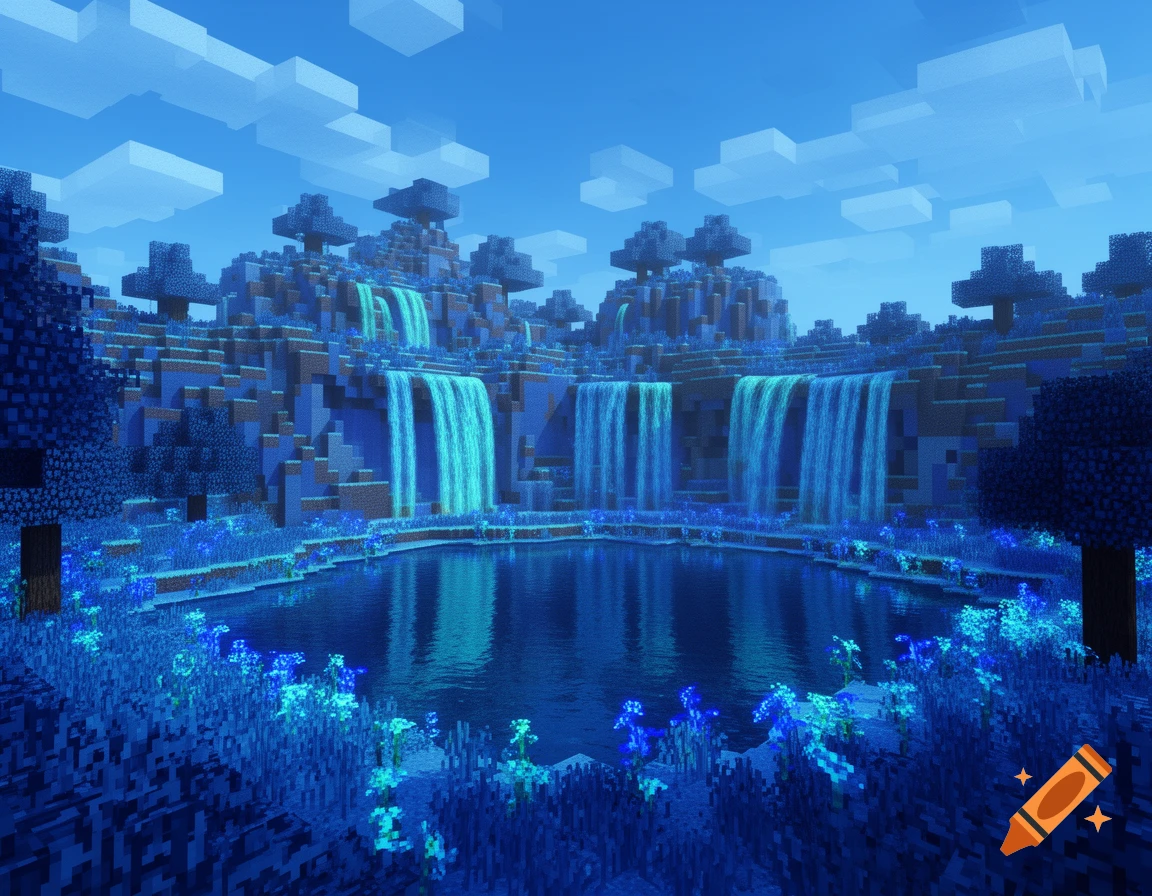 A vibrant blue Minecraft landscape with multiple waterfalls flowing into a circular pond, surrounded by glowing blue flora under a cloudy blue sky.
