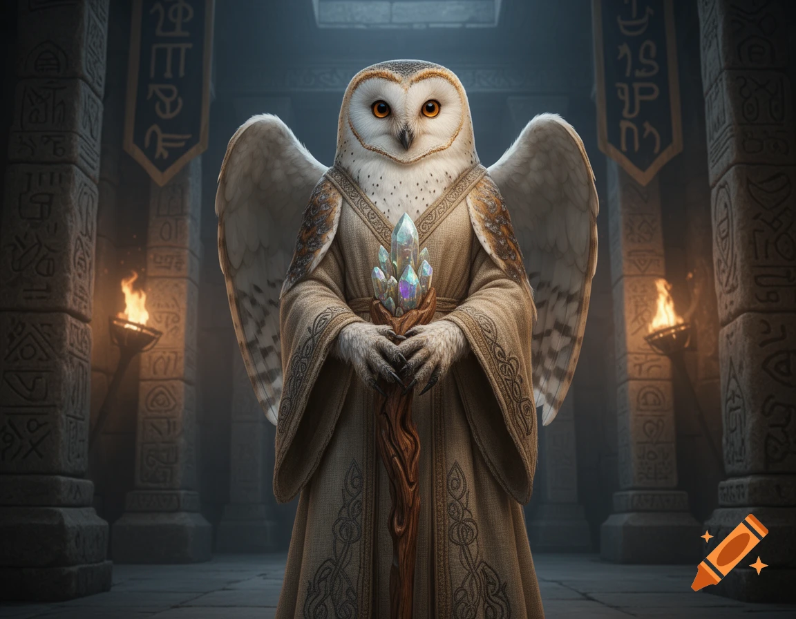 A majestic anthropomorphic barn owl character, an aarakocra, in a ceremonial robe holding a crystal-topped staff in a torchlit stone temple.