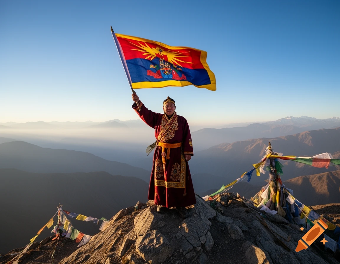 Person in traditional maroon robe holding a Tibetan flag on a rocky mountain peak at sunrise, with misty valleys below.