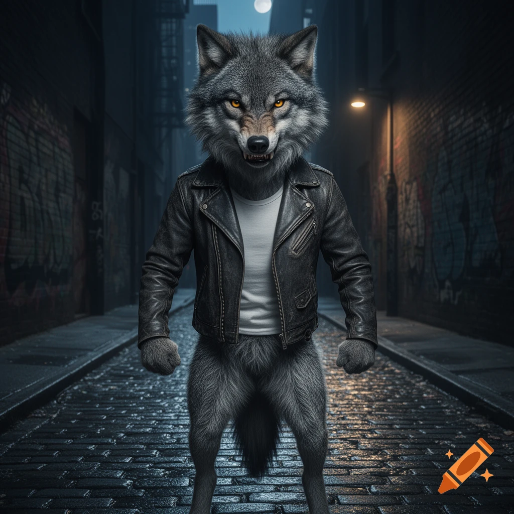 A realistic anthropomorphic wolf in a leather jacket stands menacingly in a dark, wet city alley at night under a full moon.