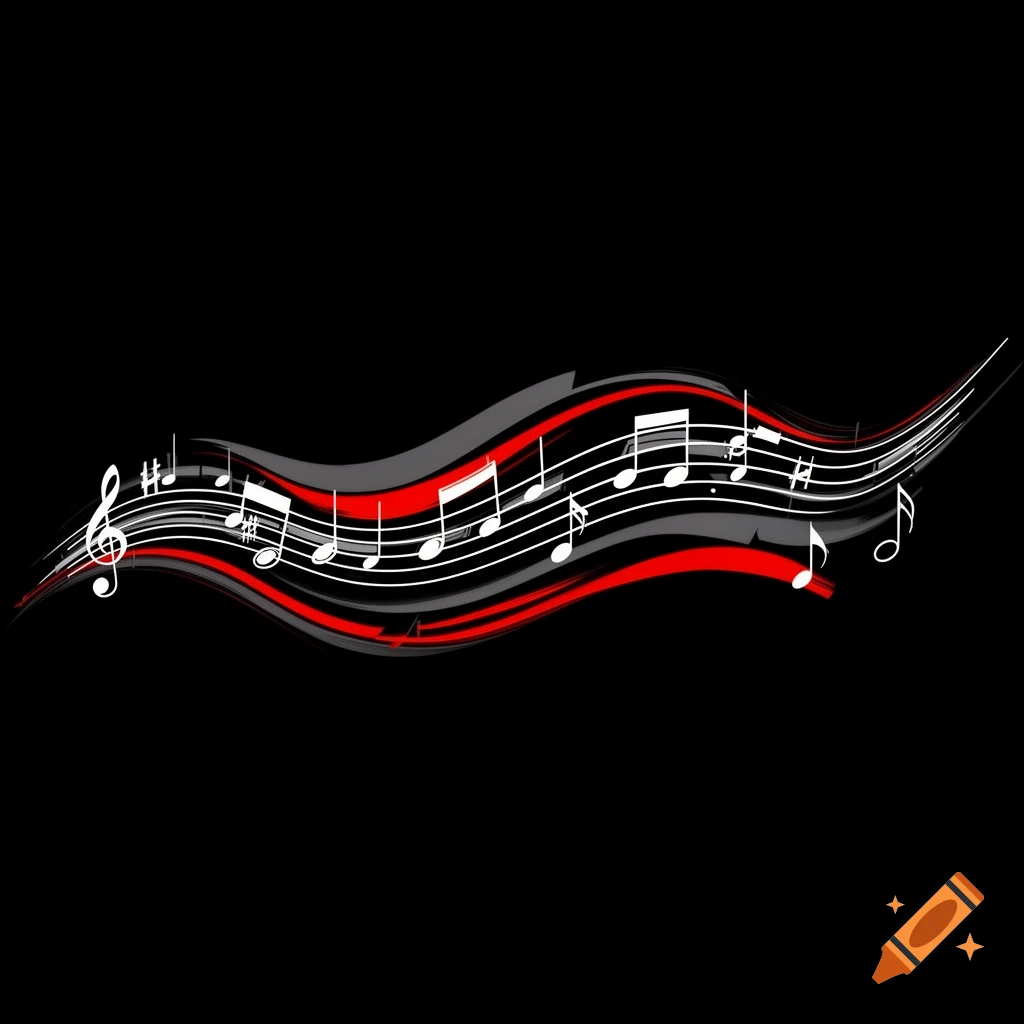 Wavy musical staff with white notes, a treble clef, and sharps against a black background with red and gray abstract lines.