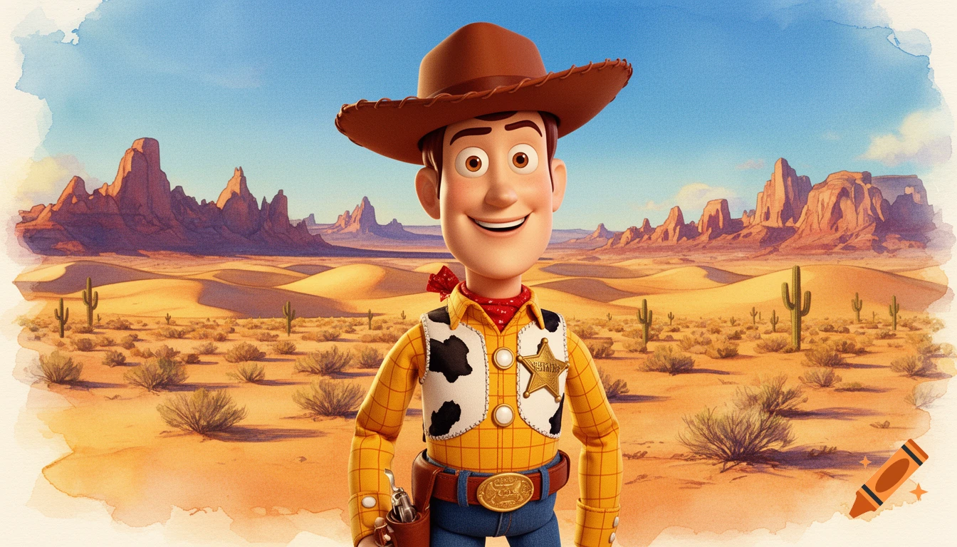 Sheriff Woody stands smiling in a vibrant desert landscape with mountains and cacti, depicted in a watercolor style.