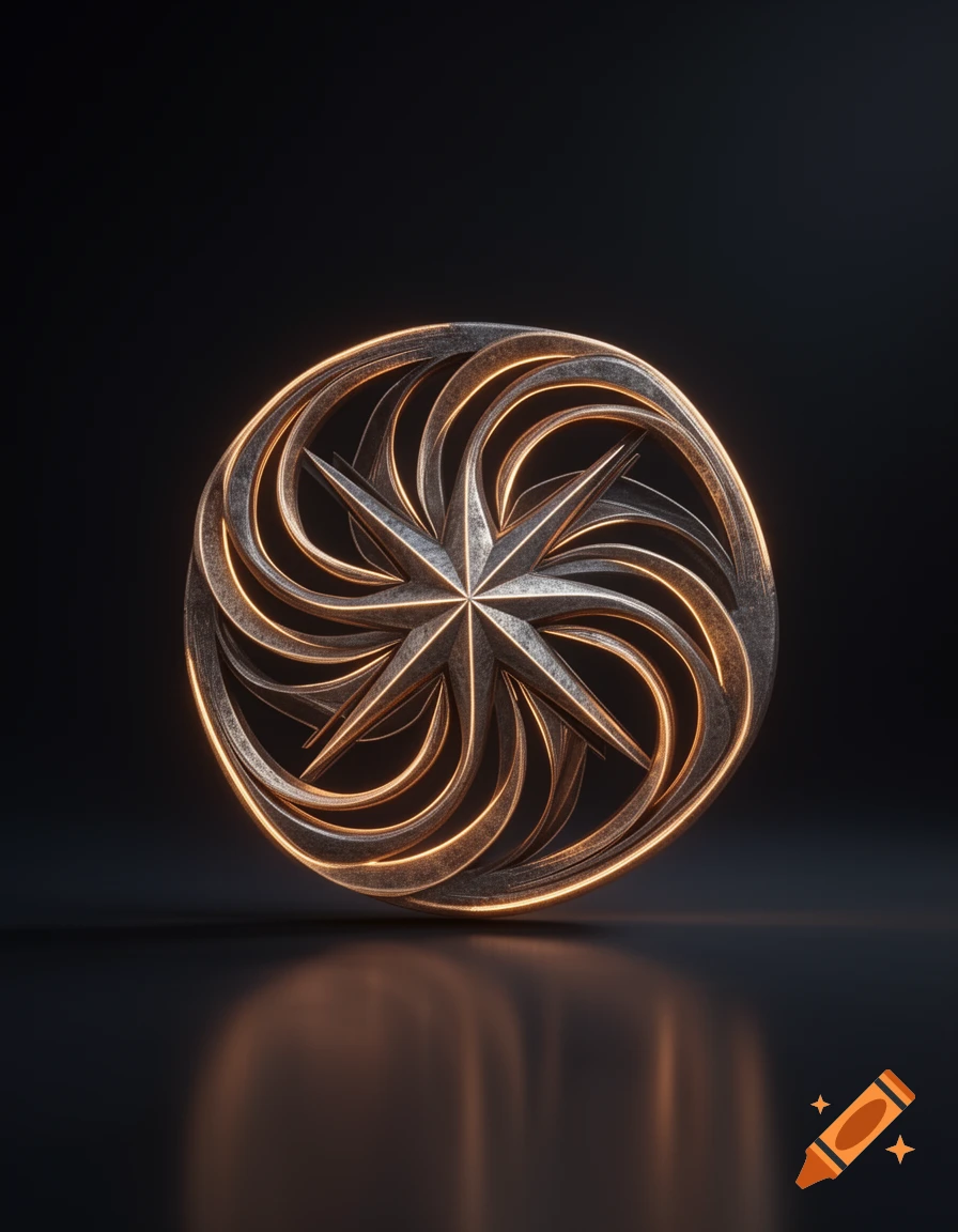 A detailed metallic 3D rendered symbol with a central star and swirling patterns, glowing with warm light, on a dark reflective surface.
