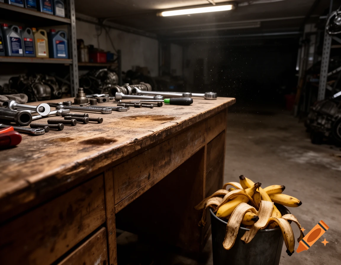 An old wooden workbench with scattered metal tools in a dim car garage, a bin of banana peels below.