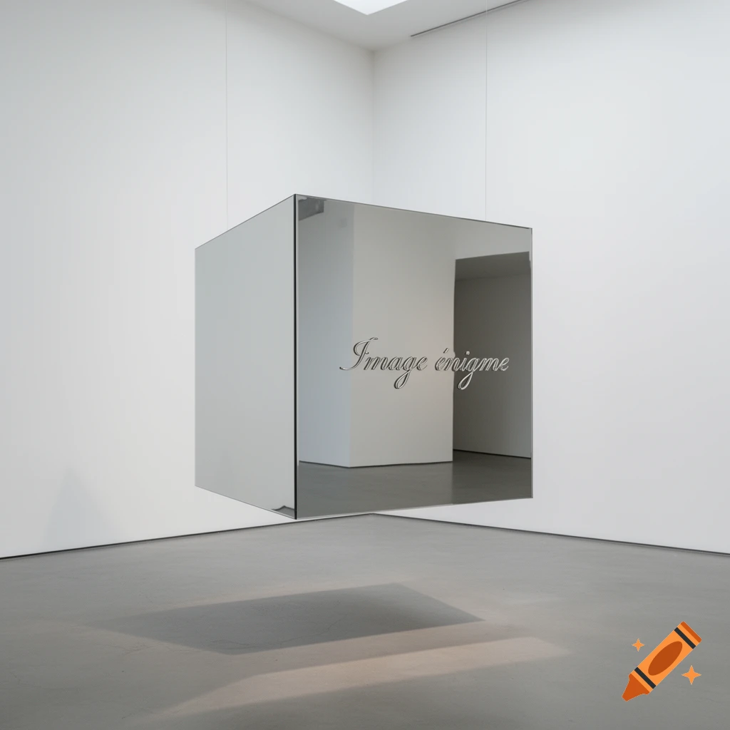 A floating mirrored cube with "Image enigme" inscribed, reflecting a minimalist gallery space, in a photorealistic style.