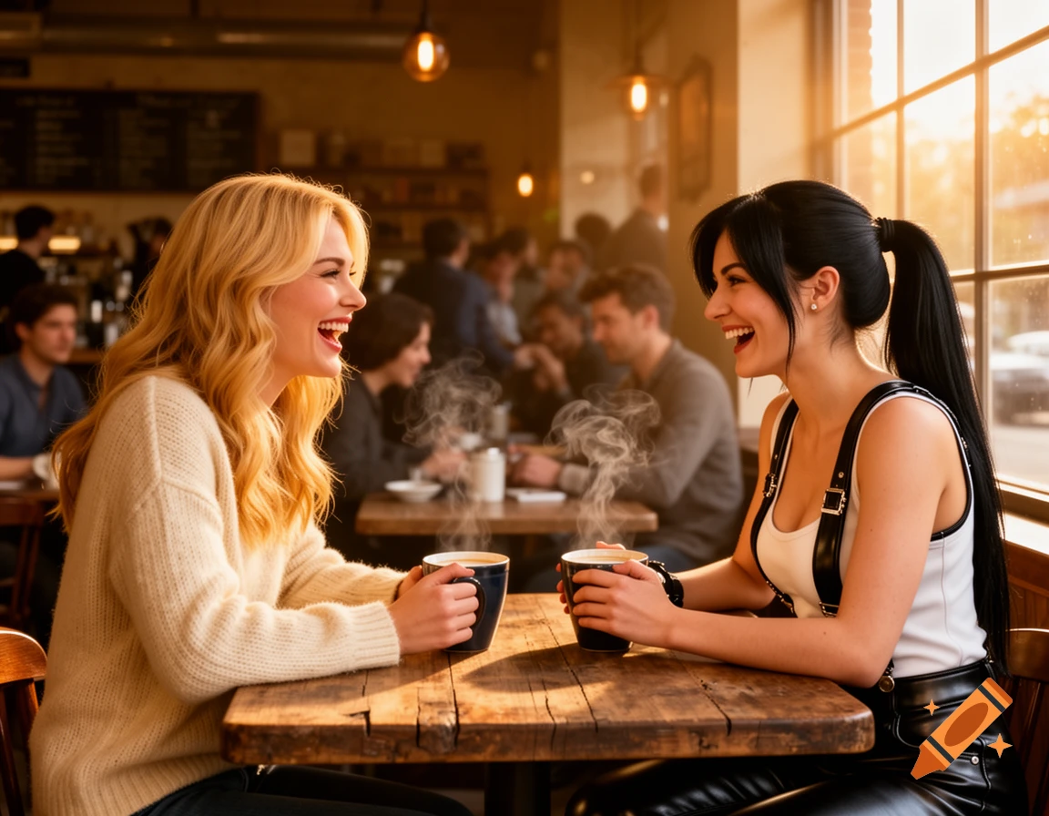 Two smiling women enjoy coffee at a wooden table in a busy, sunlit cafe.