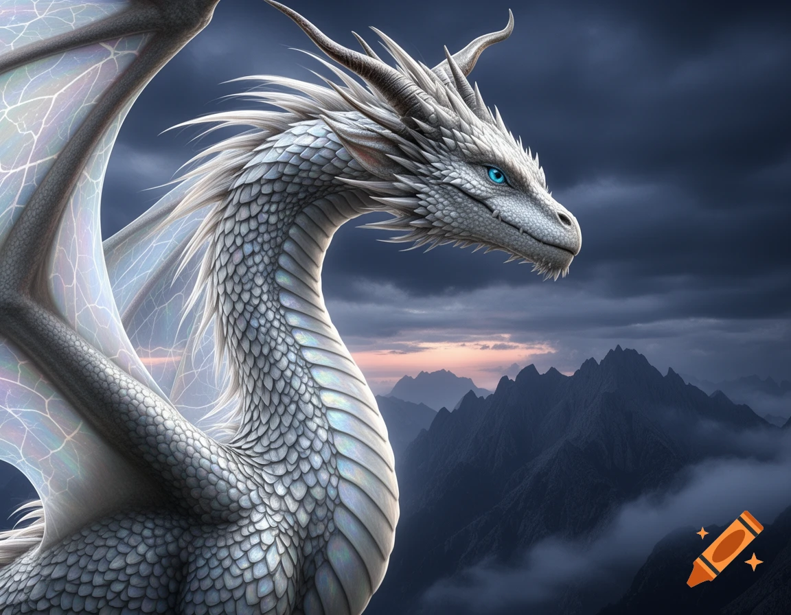 A majestic white and silver dragon with piercing blue eyes and translucent wings gazes right, set against dark, cloudy mountains at dusk.