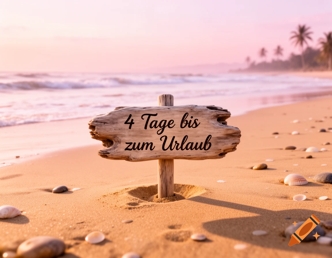 Photorealistic image of a wooden sign on a sandy beach at sunrise with text '4 Tage bis zum Urlaub'.
