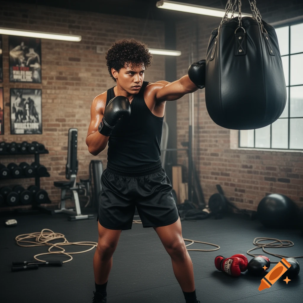 A man with curly hair wearing black boxing gloves and a tank top punches a heavy bag in a gym with brick walls and jump ropes on the floor.