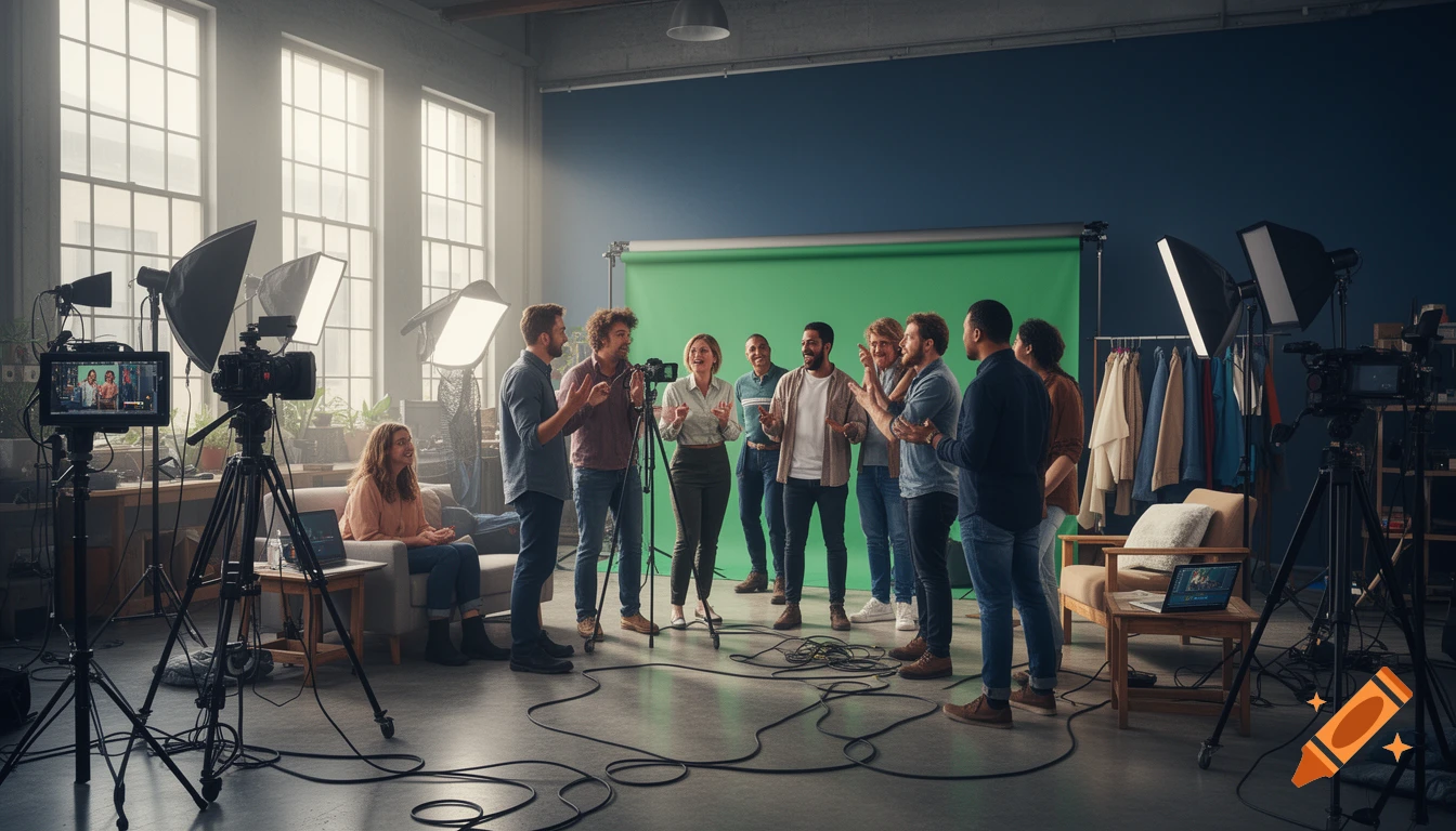 A diverse group of people on a film set with cameras, lights, and a green screen, filming a YouTube video.