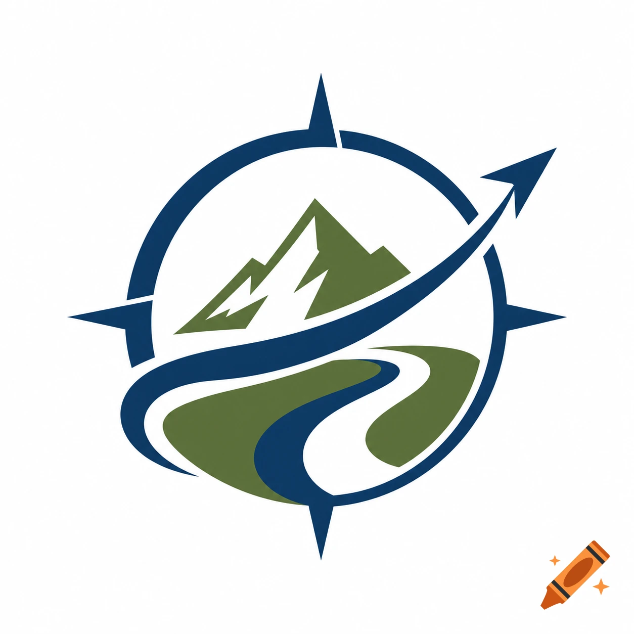 A logo featuring a dark blue compass design enclosing green mountains, a blue winding path/river, and a blue arrow soaring upwards.