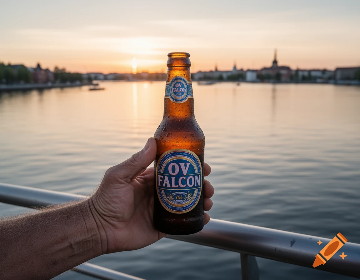 A hand holds a bottle of OV Falcon beer against a sunset over a city river.