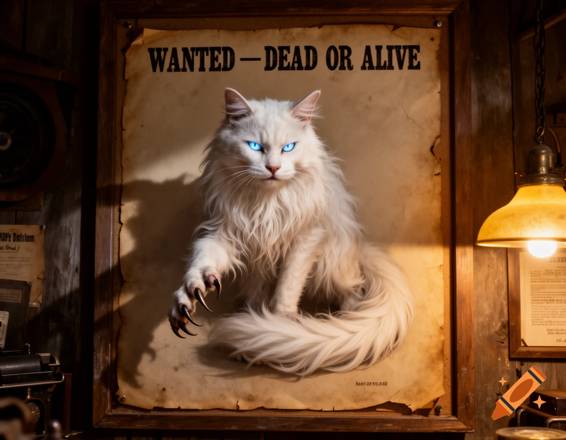 A majestic white Angora cat with glowing blue eyes and sharp claws sits in front of an old "WANTED - DEAD OR ALIVE" poster in a dimly lit, rustic room.