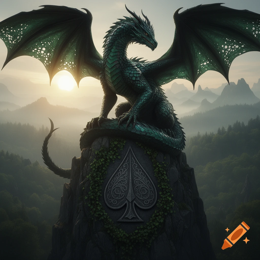 A majestic green dragon perches on a rock with a carved spade symbol, overlooking a misty mountain forest at sunrise.