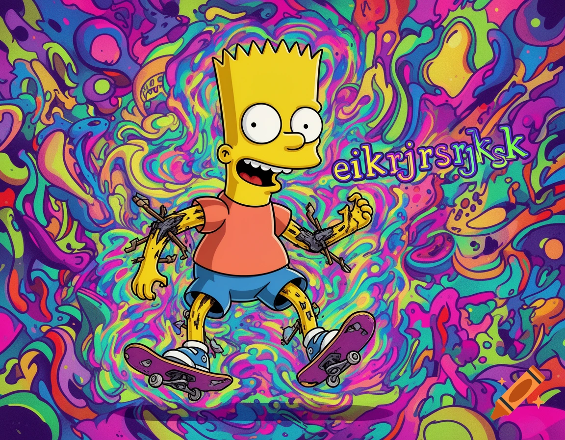 Bart Simpson on skateboards with sticks in his limbs, against a vibrant, psychedelic, swirling background. The style is colorful and cartoonish.