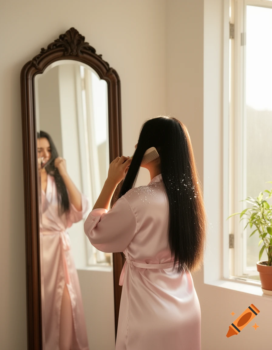 A woman in a pink robe combs her long dark hair, flakes on her shoulders, looking into a mirror in a sunlit room.