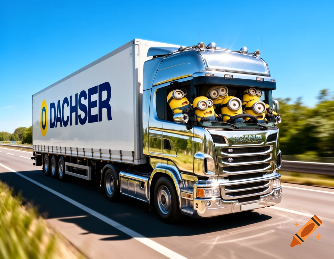 Photorealistic image of five Minions driving a chrome DACHSER semi-truck on a highway under a clear blue sky.