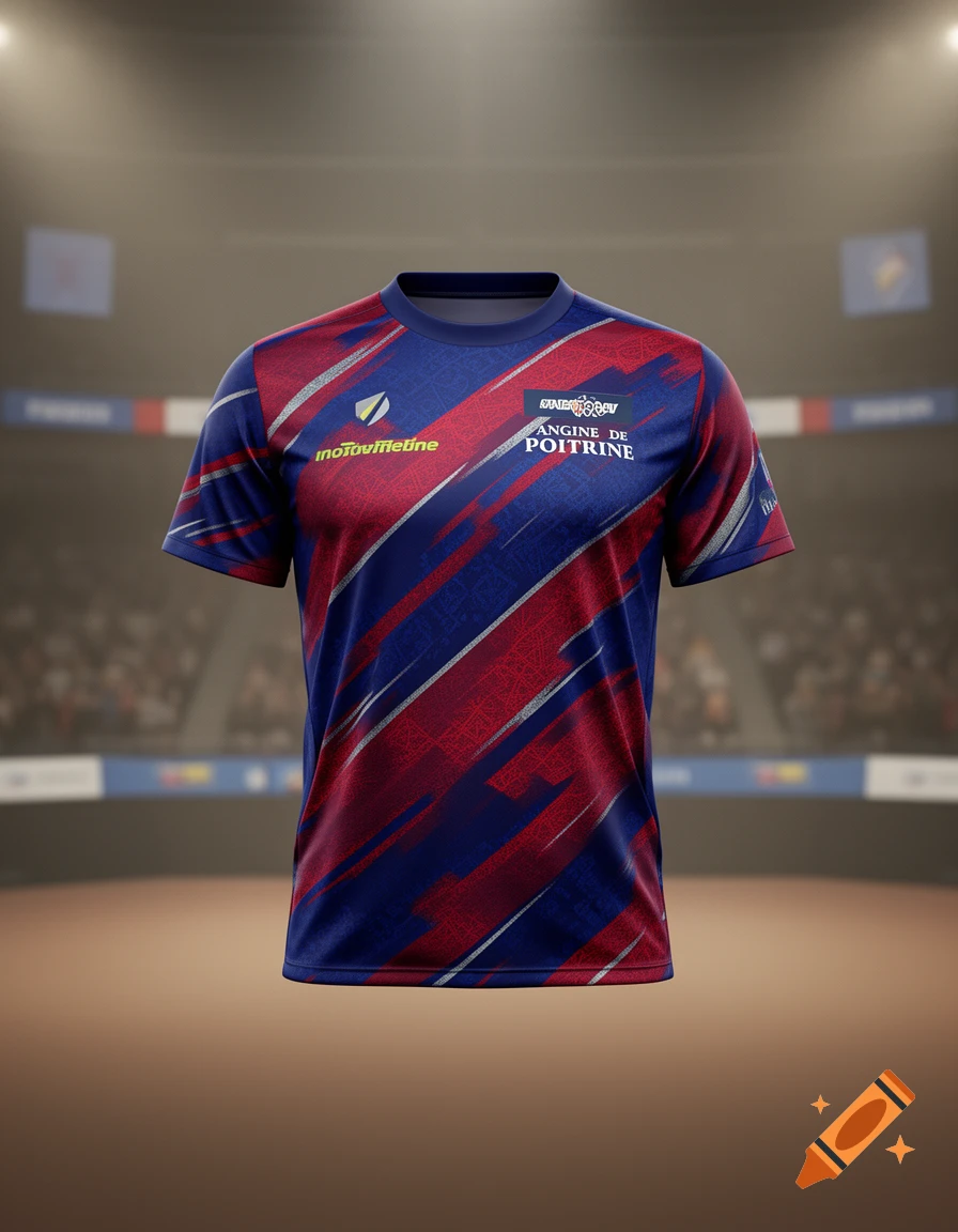 A red and blue dart shirt with an abstract diagonal stripe pattern and white accents, displayed against a blurred sports arena background.