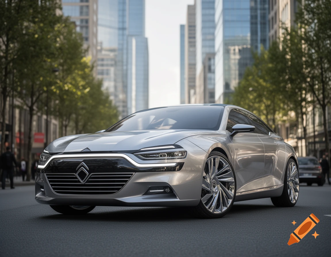 A sleek silver concept car with unique headlights on a city street, with glass skyscrapers and trees in the background.