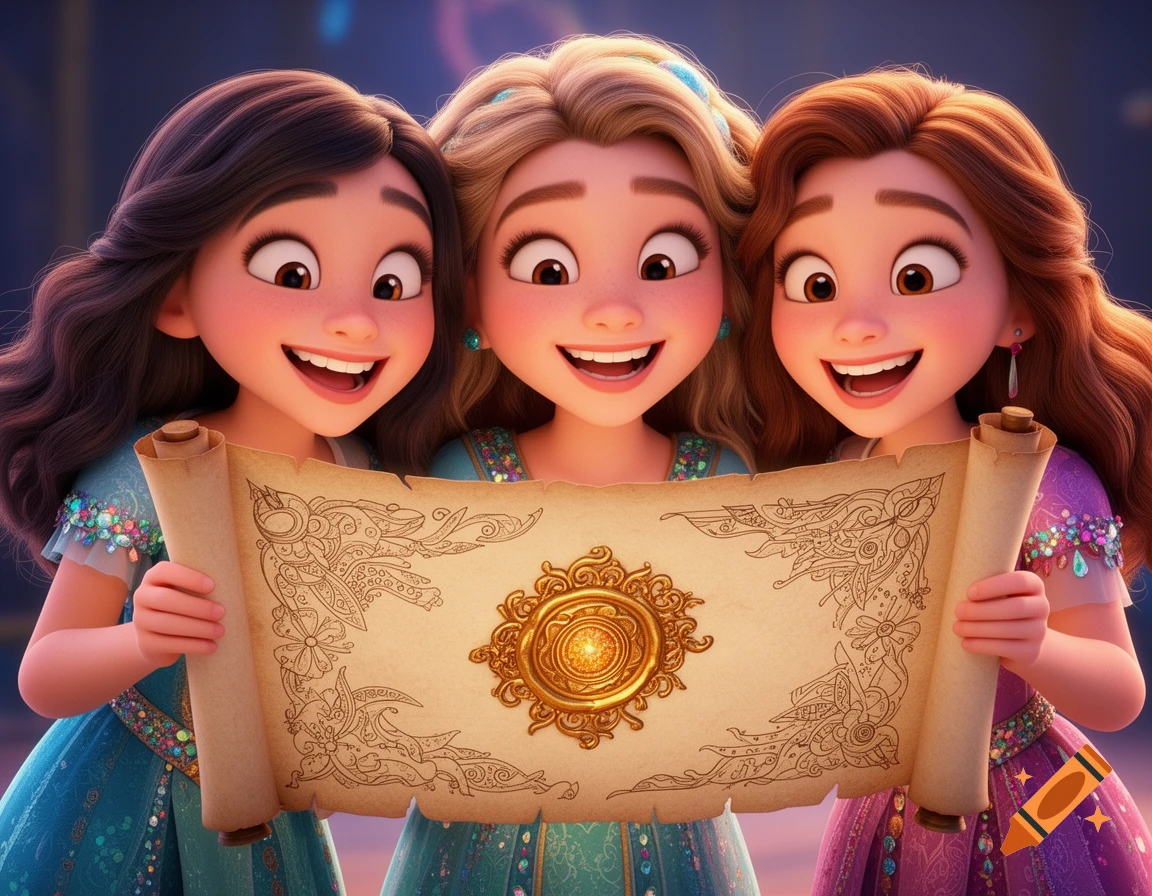 Three smiling young animated girls in a Pixar style, happily holding an ornate scroll with a golden seal.