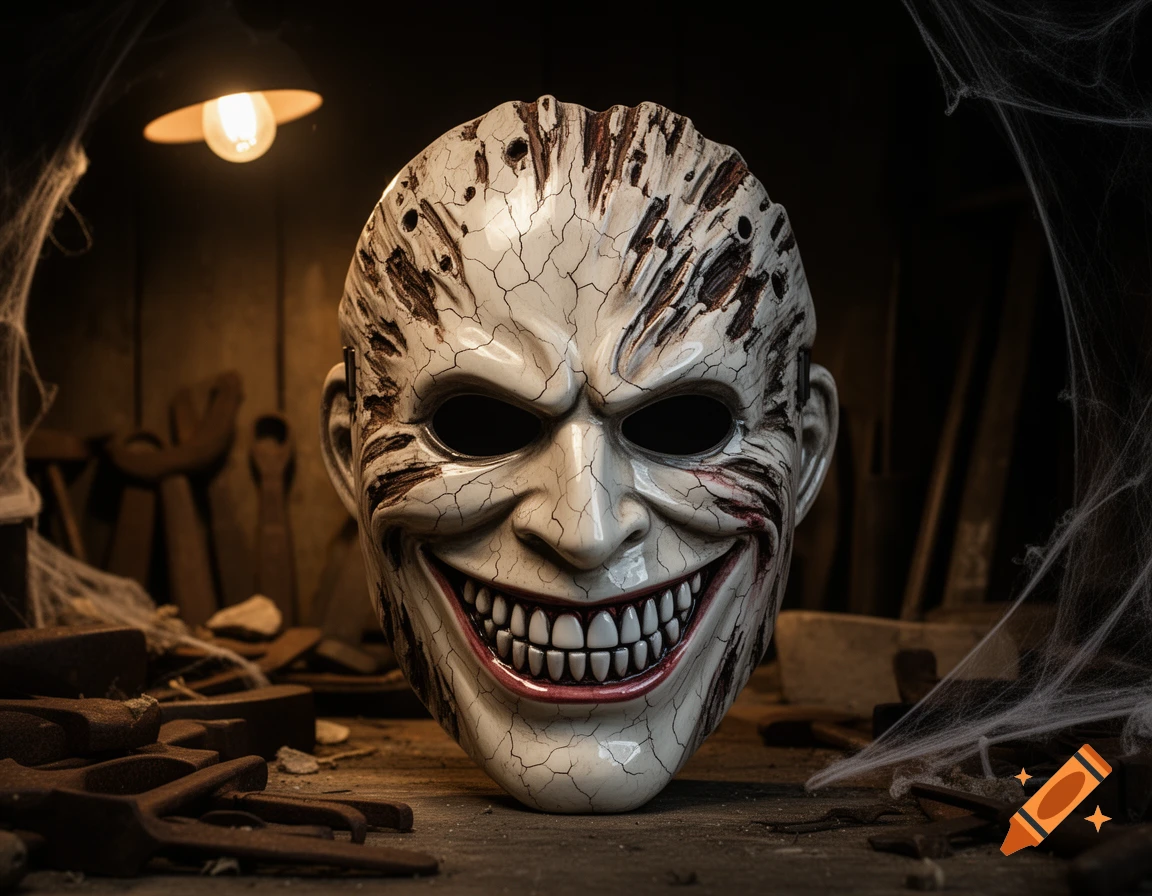A creepy, cracked white horror mask with empty eyes and a sharp-toothed grin, in a dark, cobwebbed workshop.