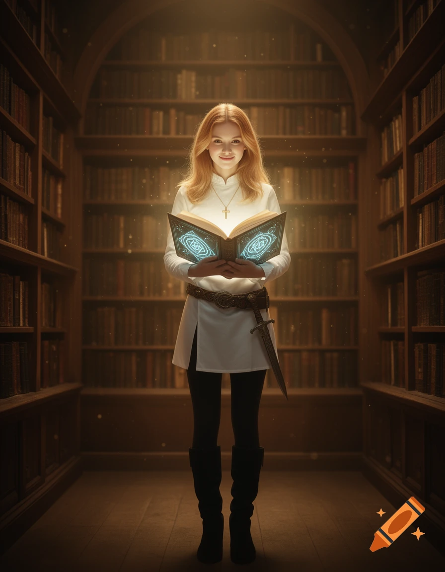 A smiling young woman with strawberry-blonde hair stands in a magical library, holding an open book with glowing arcane symbols. She wears a white tunic, dark leggings, and boots, with a dagger at her belt.