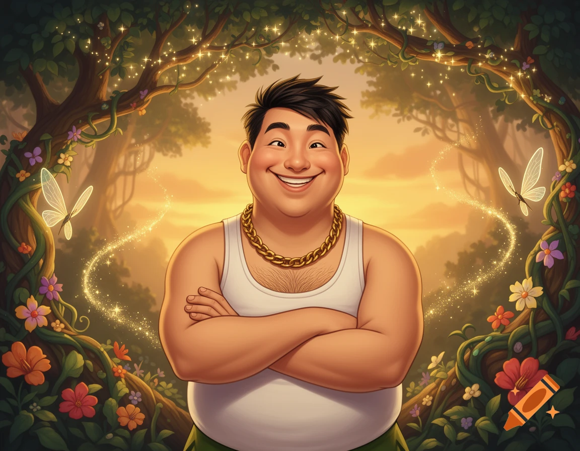 A smiling, plump cartoon man with black hair, wearing a white tank top and gold chain, stands in a magical glowing forest with butterflies and sunset hues.