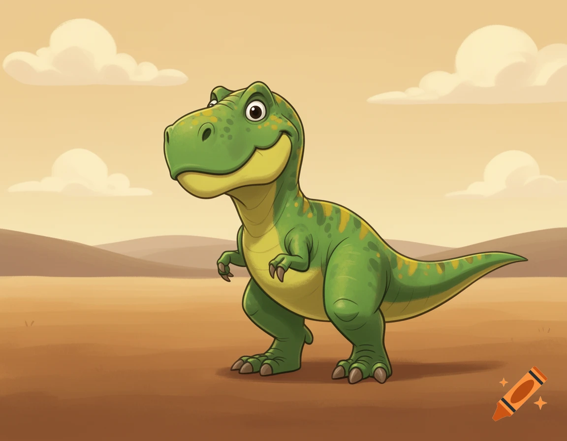 Friendly green cartoon T-rex with yellow spots stands in a vast, sunny brown plain under a pale sky with fluffy clouds.