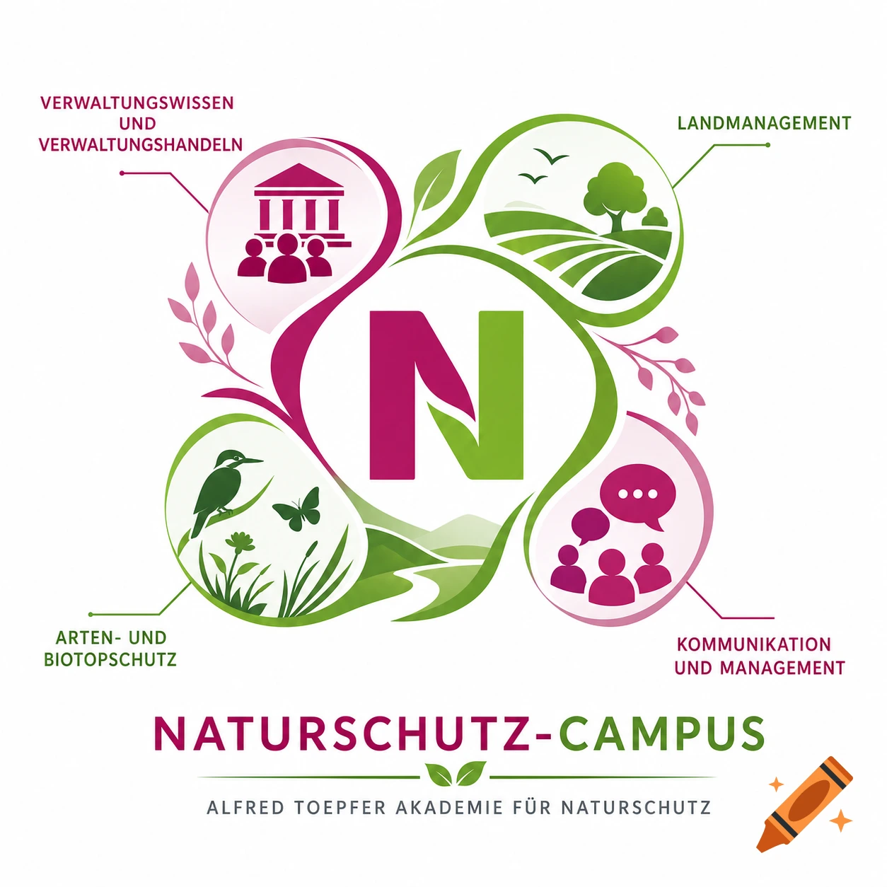 Logo for Naturschutz-Campus featuring a large N, icons for administration, land management, biodiversity, and communication, in magenta and green.