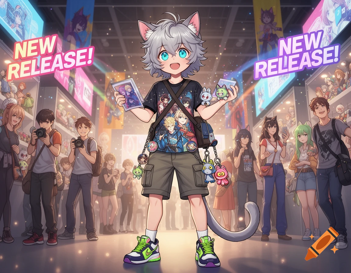 An excited anime cat boy with gray hair and blue eyes holds collectible cards and charms at a bustling convention, surrounded by other attendees and "NEW RELEASE!" signs.