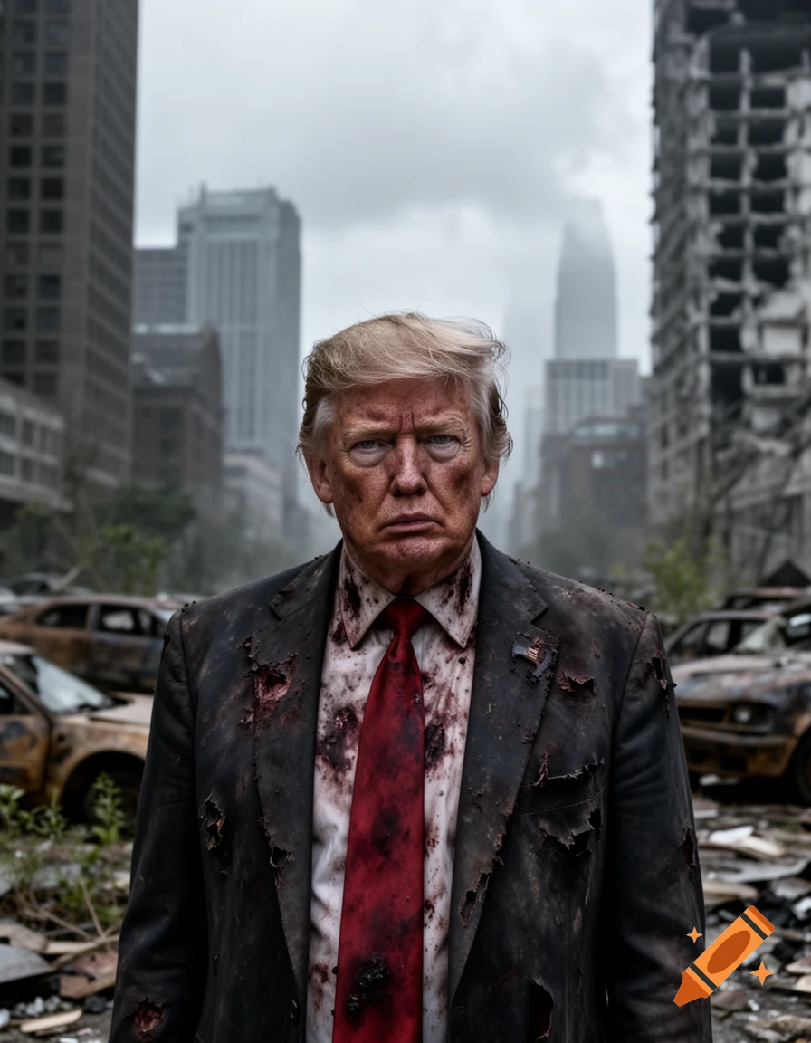 Photorealistic image of Donald Trump as a zombie, with bloodied, torn clothes, standing in a destroyed city.