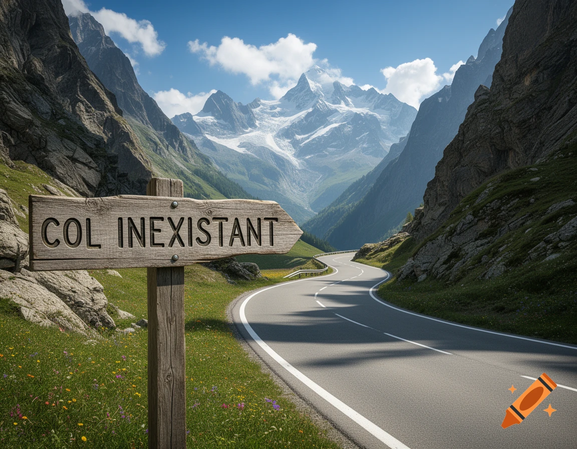 Photorealistic image of a winding mountain road and a 'COL INEXISTANT' sign in a valley with snow-capped peaks.