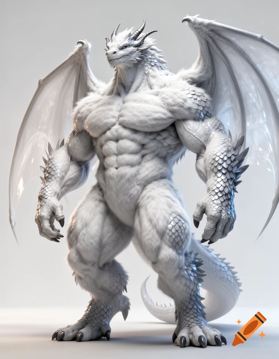 A muscular, white anthropomorphic dragon with large wings and chiseled abs stands against a light background.
