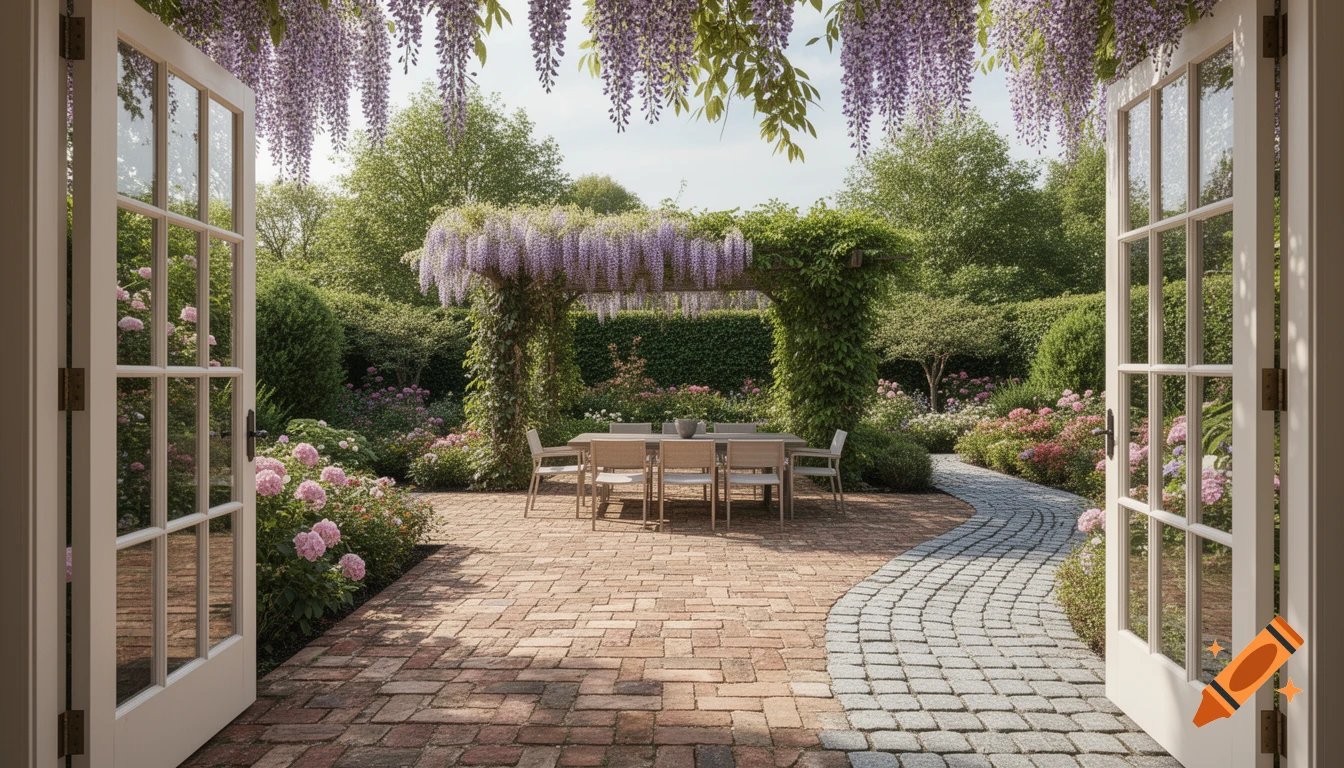 View from open French doors into a lush garden with a wisteria-covered pergola over a dining table, brick patio, and stone path.