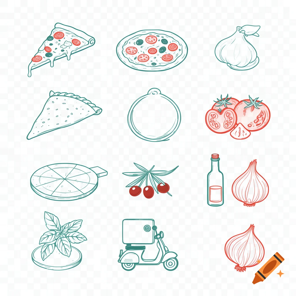 Minimalist vector illustrations of pizza, ingredients, and pizzeria items including a delivery scooter on a transparent background.