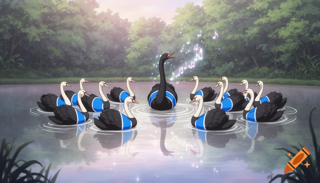 An anime illustration shows a black swan singing, surrounded by white-headed swans wearing blue-striped jerseys in a forest pond.
