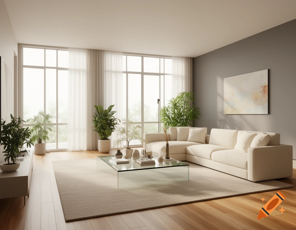 A bright, modern living room featuring a large L-shaped cream sofa, a glass coffee table, and tall windows with sheer curtains and potted plants.