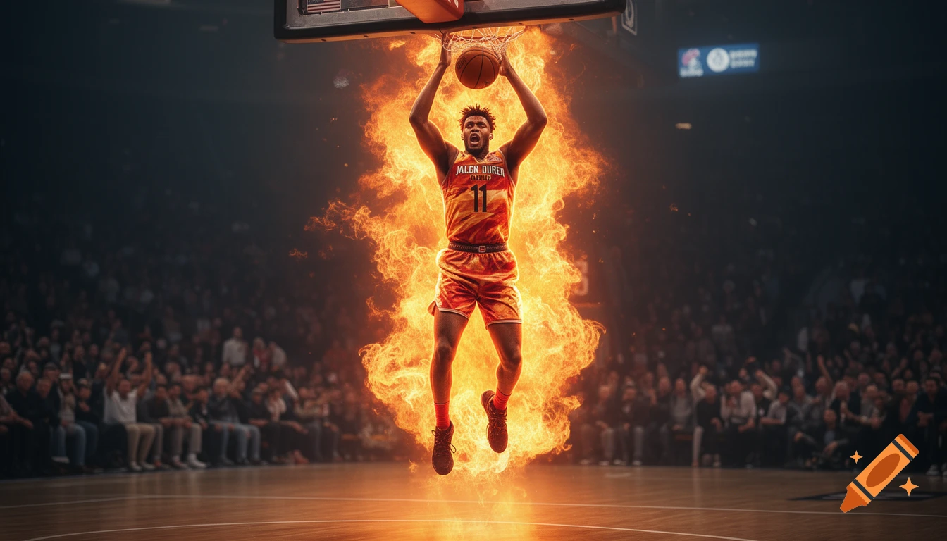 Jalen Duren, engulfed in fire, dunks a basketball in a stadium filled with spectators.