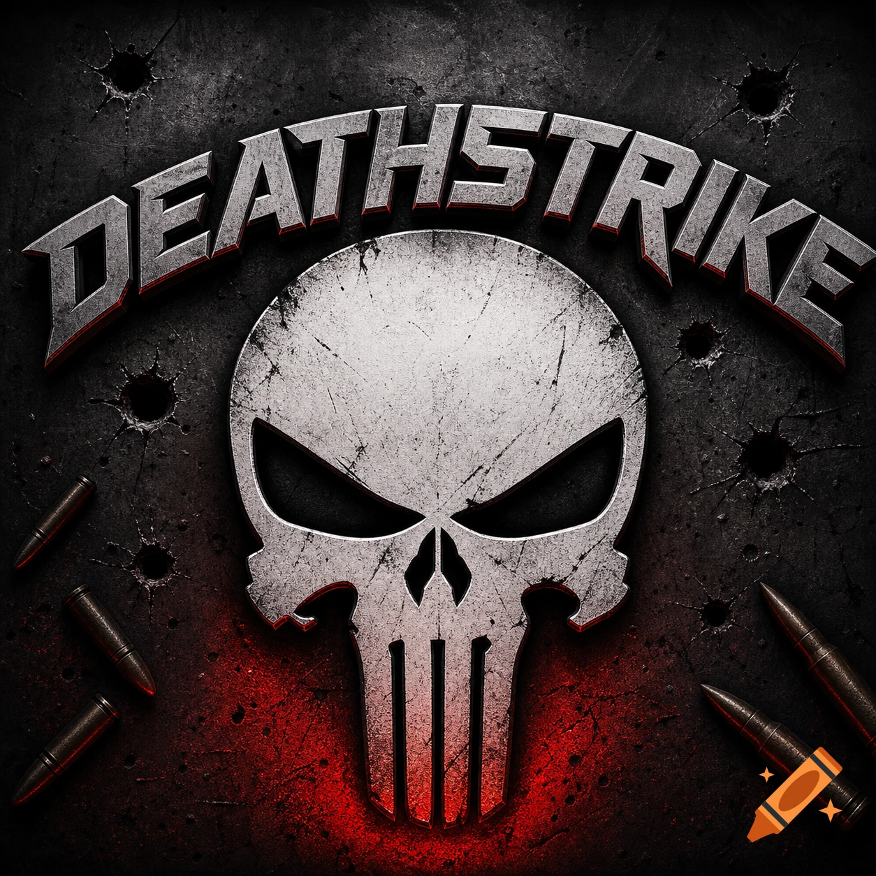 A gritty metallic Punisher skull logo on a dark, bullet-pocked background with red highlights and the word 'DEATHSTRIKE' arched above.