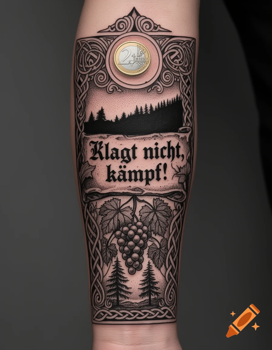 A detailed blackwork forearm tattoo featuring Celtic knots, a forest silhouette, grapevines, pine trees, a 2 Euro coin, and the German text "Klagt nicht, kämpft!"
