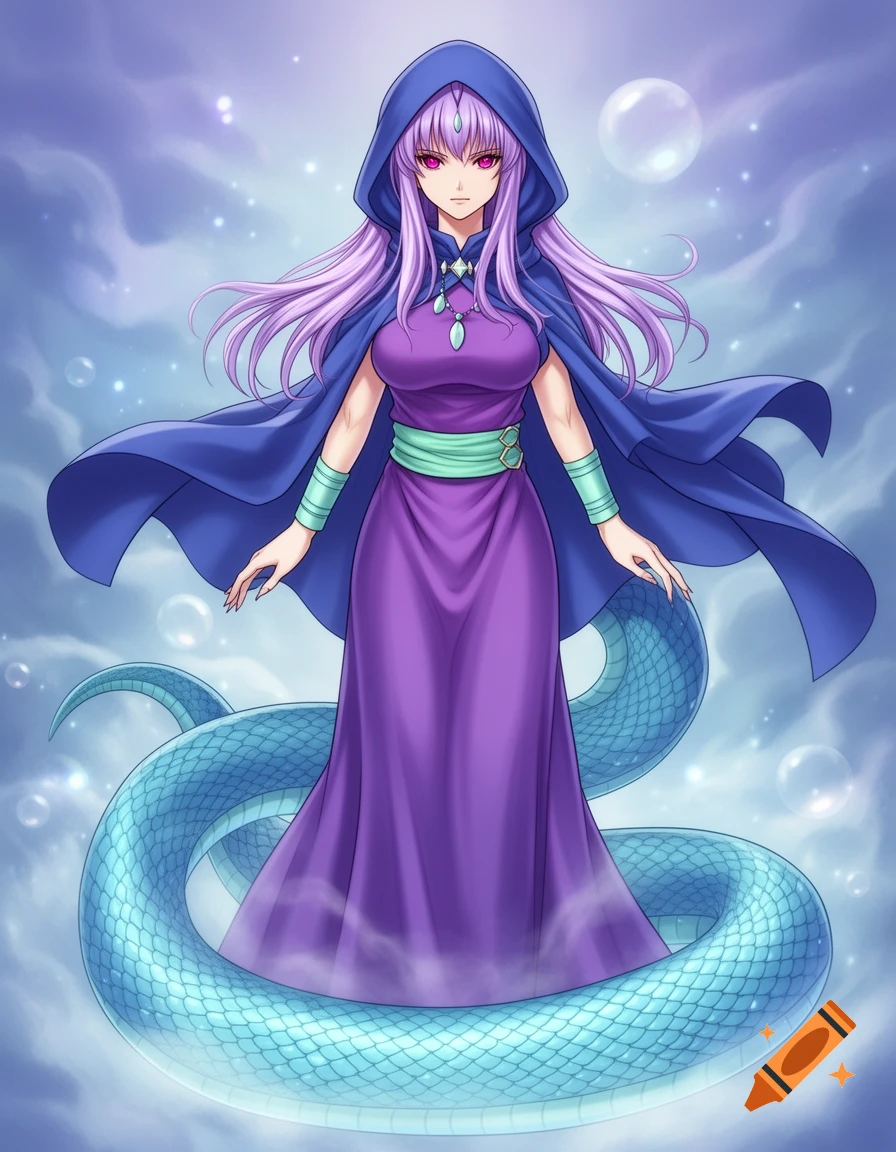 Anime woman with lavender hair, magenta eyes, purple tunic, blue hooded cape, and a cyan snake tail, floating in clouds.