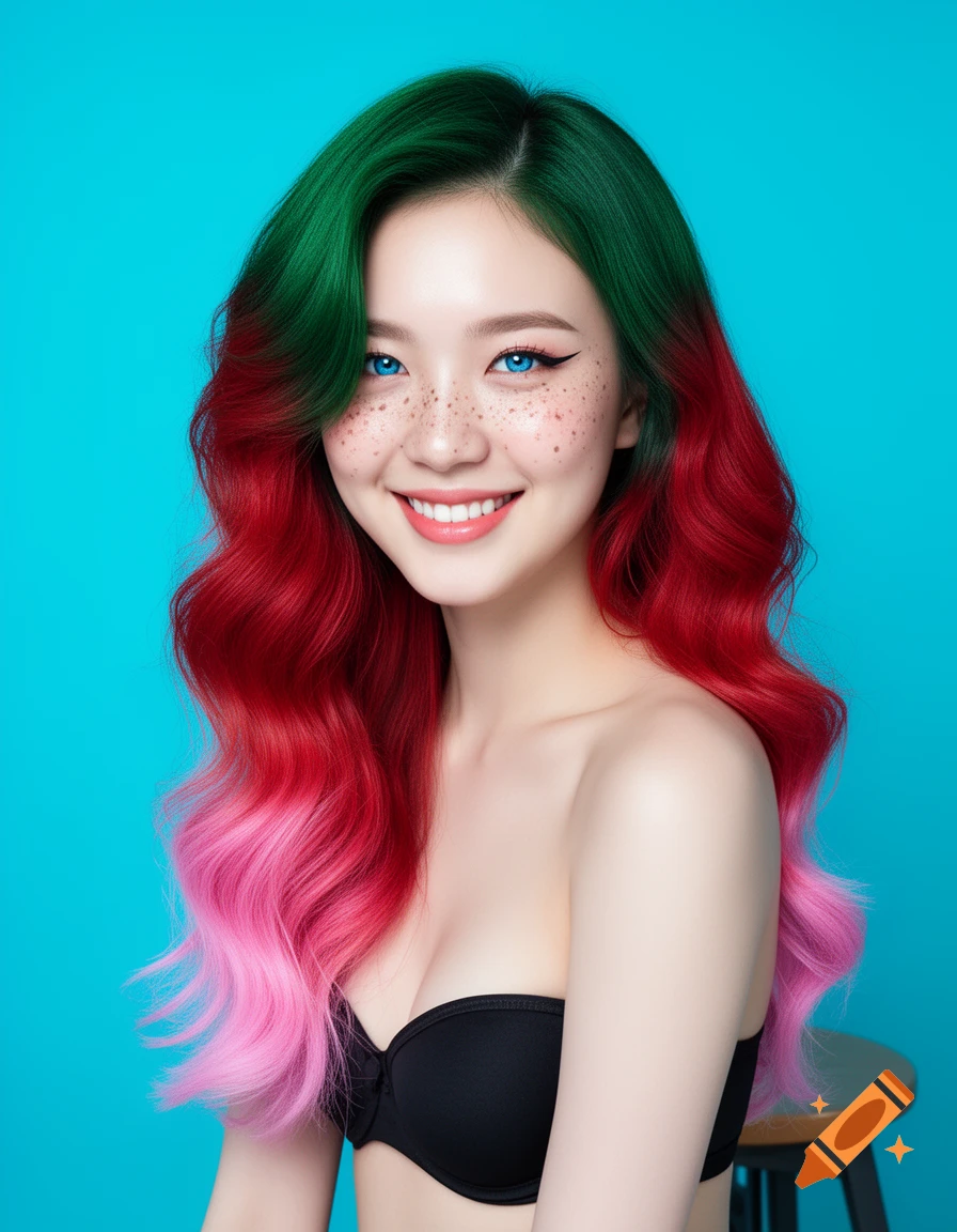 A smiling woman with green, red, and pink gradient hair, blue eyes, and freckles, wearing a black bra against a blue background.