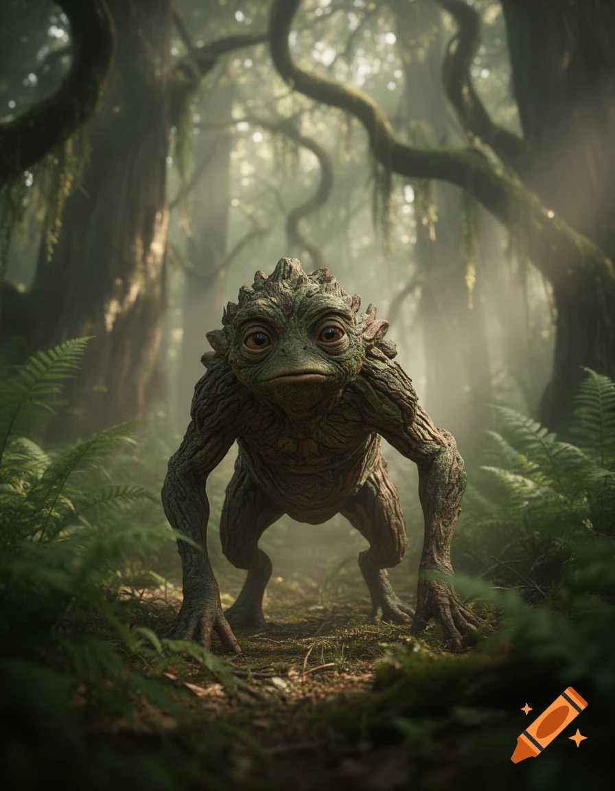 A detailed, mossy green fantasy creature with large eyes crouches in a misty, lush green forest.