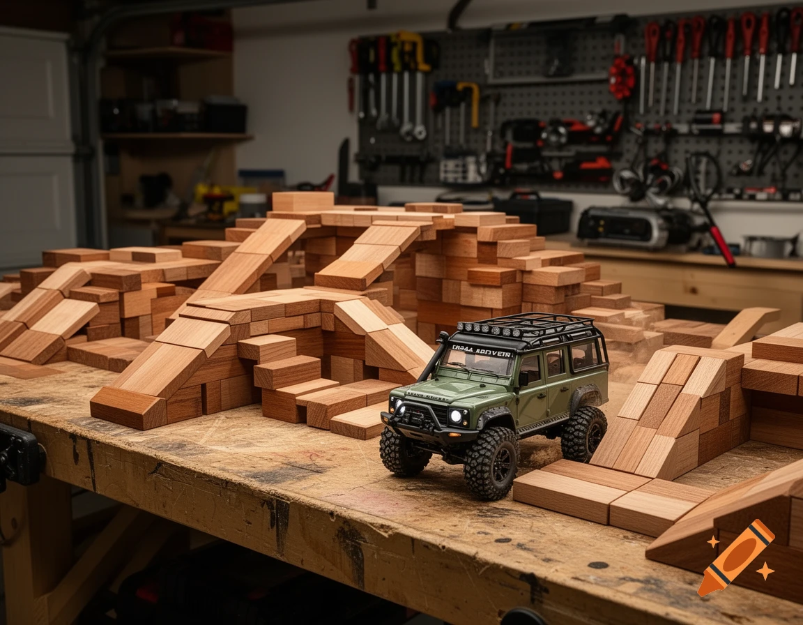 A green remote-control off-road vehicle sits on an elaborate wooden block obstacle course in a workshop.