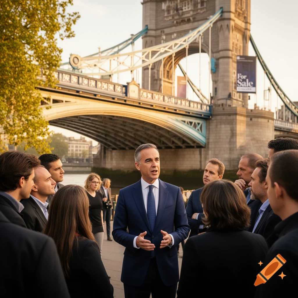 A man in a blue suit addresses a group by the River Thames, with the Tower Bridge and a "For Sale" banner in the background.