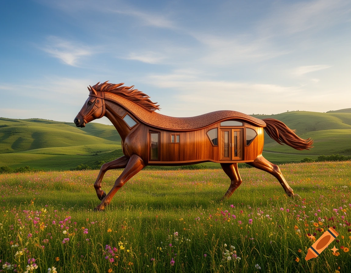 A photorealistic wooden house shaped like a galloping horse runs through a vibrant wildflower meadow under a blue sky.