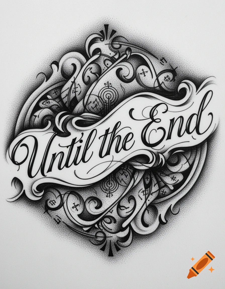 A black and white stipple art tattoo design with the cursive text 'Until the End' on a central banner surrounded by ornate, flowing patterns.
